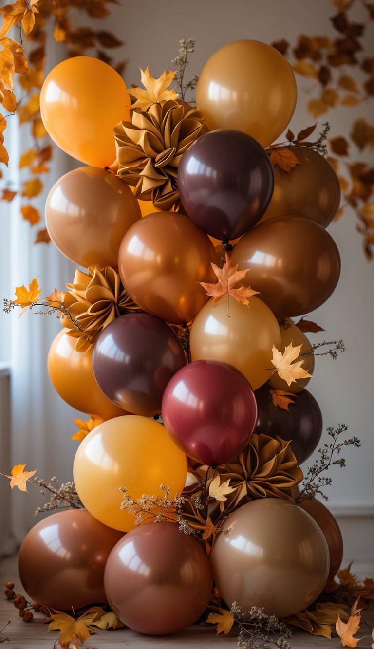 A colorful balloon garland in warm autumn colors decorated with autumn leaves and branches.